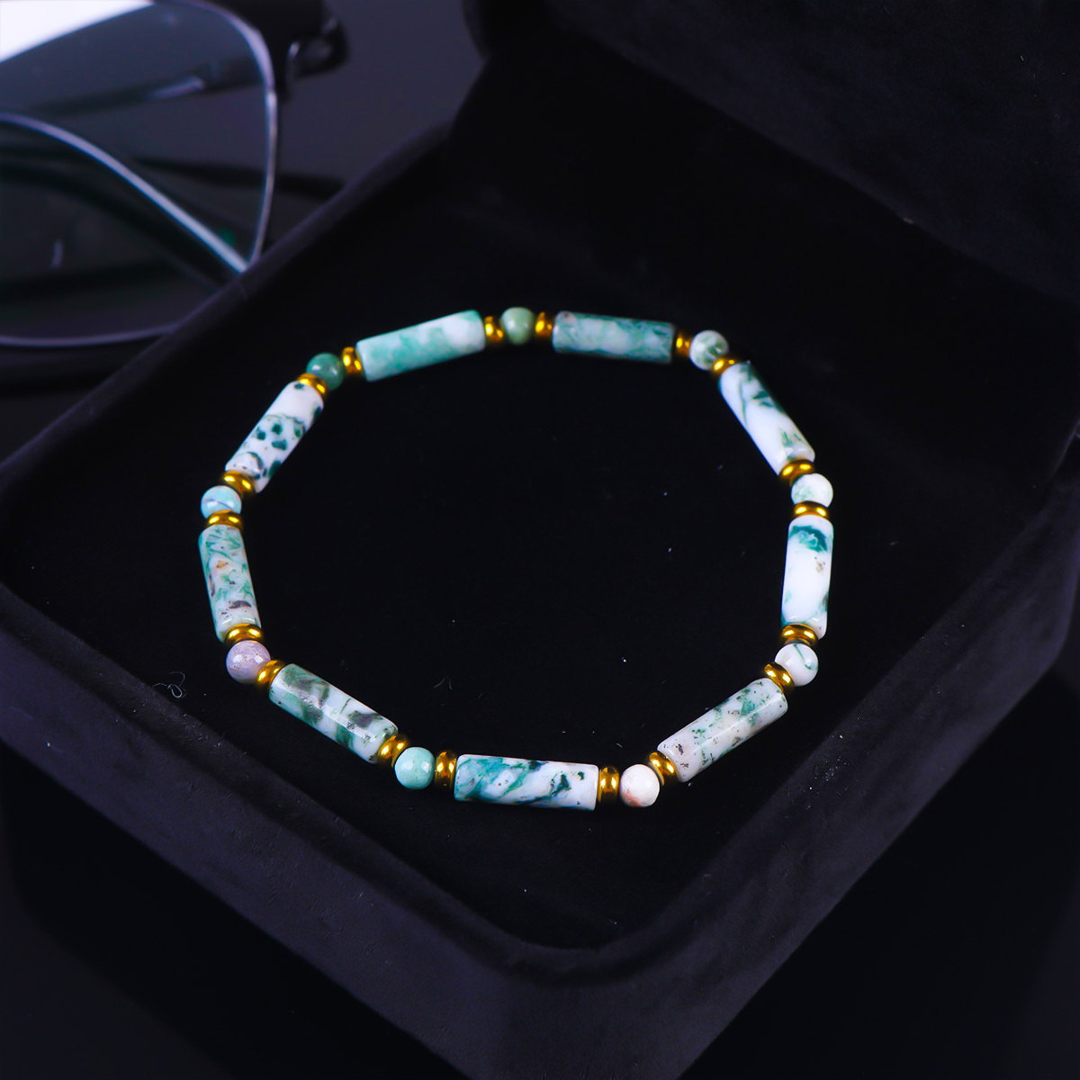 Moss Agate Tube Beaded Bracelet, Wealth Attraction